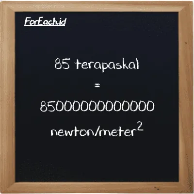 Cara konversi terapaskal ke newton/meter<sup>2</sup> (TPa ke N/m<sup>2</sup>): 85 terapaskal (TPa) setara dengan 85 dikalikan dengan 1000000000000 newton/meter<sup>2</sup> (N/m<sup>2</sup>)